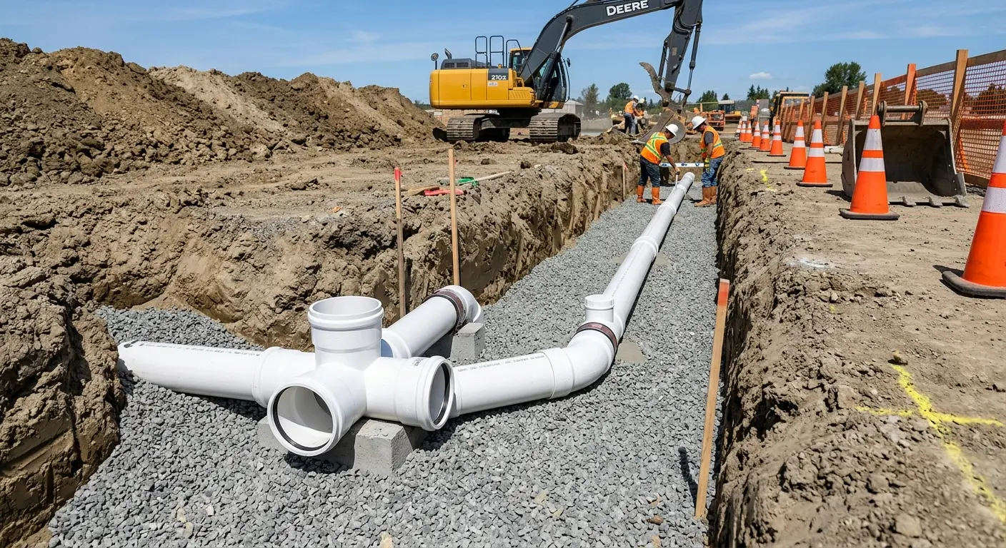 New PVC sewer pipe installation in open trench for Sewer Backup in Mendota Heights