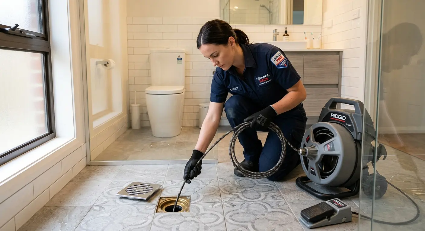 Technician clearing a bathroom floor drain for Hydro Jetting in Mendota Heights